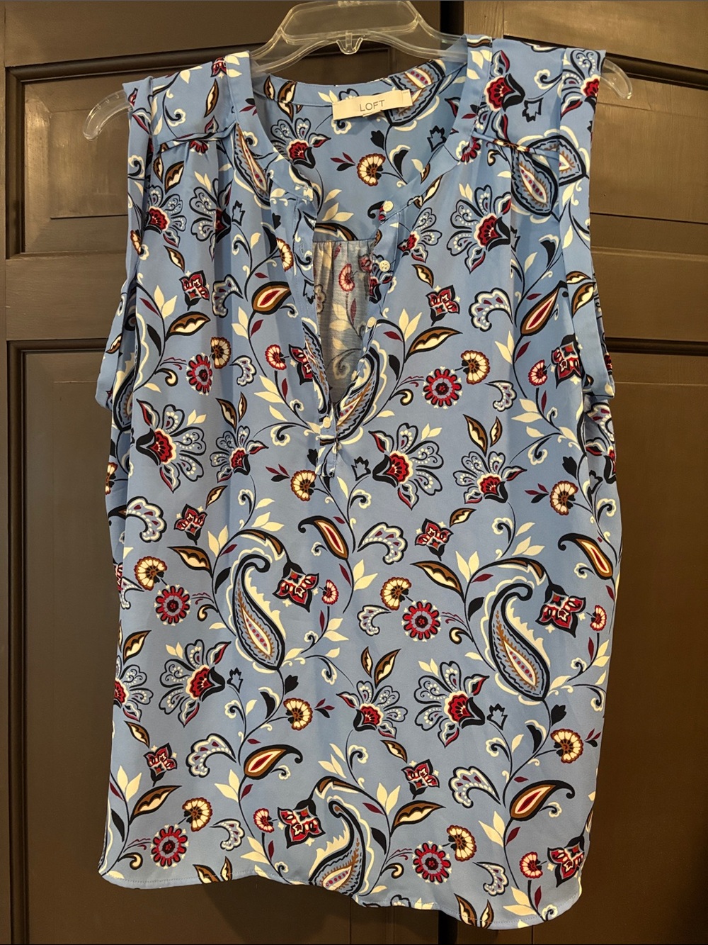 LOFT Paisley Floral Sleeveless Henley Blouse Cornflower Blue Multi Size Large
